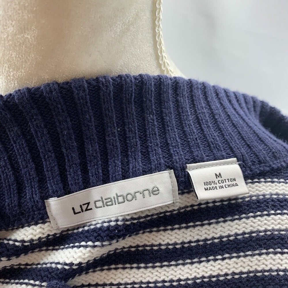 Liz Claiborne Women's Sweater Cotton Pullover Henley Buttons Stripes Size Medium - Picture 2 of 5